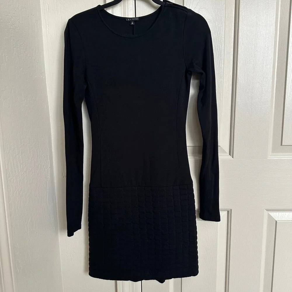 Theory Black Long Sleeve Quilted Mini Dress -‎ Size XS